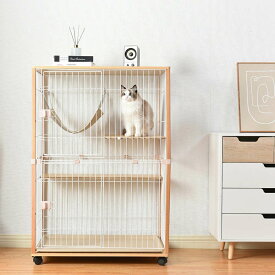 猫 ケージ キャットケージ 2段 木製フレーム ハンモック付 広々 大型 猫ゲージ 高級感 おしゃれ キャットハウス ネコ ハウス 多段 留守