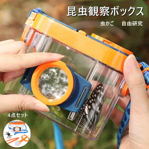 昆虫観察ボックス 昆虫採集キット 4点セット 拡大観察ケース 虫かご 昆虫飼育箱 虫取り 低学年 小学生 ピンセット 拡大鏡 2.6倍 4.5倍 探査キット 教育 男の子 女の子 夏休み 子供 屋外 自由研