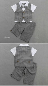 ベビースーツ 男の子 スーツ ベビー フォーマルスーツ 切り替え風 男の子 上下セット タキシード 半袖 ストライプ 2点セット 重ね着 ベビー フォーマル 紳士服 短パン 夏用スーツ 出産祝い学