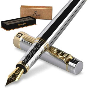 Keyzor 高級万年筆 - ファンシーなシ(シルバー)ペン 24K金メッキの細字ペン先 両用式 コンバーターギフトケース ジャーナリング カリグラフィー スムースライティングペン 女性男性用