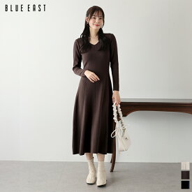 【8/13 10:59まで！2288円OFF中】Vネックシェイプニットワンピース レディース ロングワンピース フレア 長袖 無地 シンプル カジュアル 春 秋 冬 オフィス 通勤 お出かけ BLUEEAST