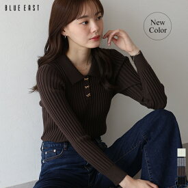 【1/22 13:59まで！タイムセール／30%OFF中】【新色追加】リボンボタンポロ衿ニット ポロニット レディース リブニット 長袖 トップス 秋 冬 プルオーバー 襟付き 無地 シンプル カジュアル オフィス 通勤 かわいい おしゃれ トレンド 着回し BLUEEAST