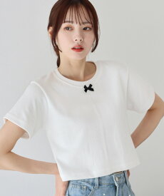 【送料無料】Tシャツ カットソー レディース 半袖 トップス プルオーバー クルーネック リボン ショート丈 クロップド丈 シンプル カジュアル 大人 かわいい 可愛い きれいめ おしゃれ トレンド 春 夏 着回し BLUEEAST【ゆうパケット】