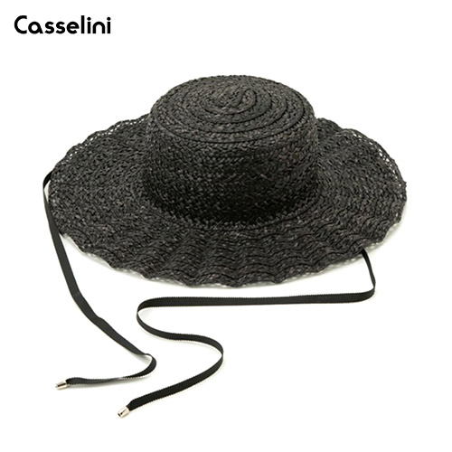 キャセリーニ Casselini 透かしなみなみハット レディース 麦わら帽子 ストローハット 紐付き ブラック -BLACK-
