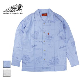 Indian インディアン Open collar shirt Motocycle race メンズ サックス/ホワイト M-XL【インディアンモトサイクル インディアンモーターサイクル オープンカラーシャツ 開襟 シャツ 長袖 レース イラスト おしゃれ ブランド ネイティブアメリカン アメカジ 総柄】