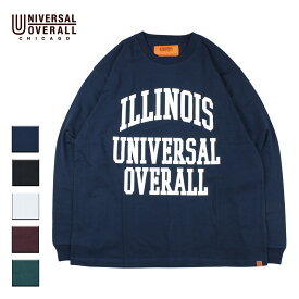 UNIVERSAL OVERALL ユニバーサルオーバーオール ILLINOIS PRINT L/S メンズ/レディース ネイビー/ブラック/ホワイト/マルーン/ダークグリーン M-XL U2233210-C【Tシャツ 長袖 ロングTシャツ ロンT カレッジロゴ ロゴ おしゃれ ブランド アメカジ 紺 黒 白 緑】