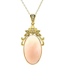 ネックレス 珊瑚 サンゴ ダイヤ ペンダント ピンク×イエローゴールド ダイヤモンド 18K Au750 18金 オーバルカボションカット 【中古】