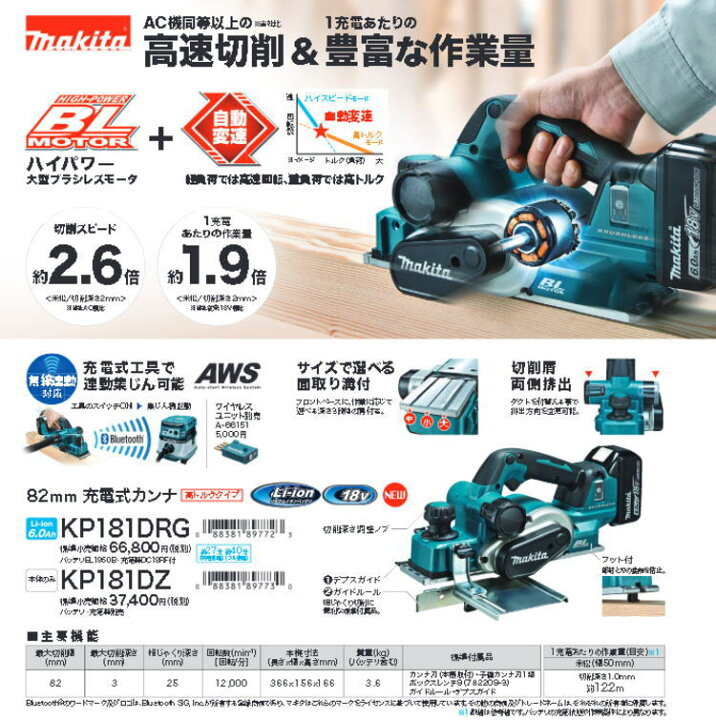 楽天市場】【送料込み】18V(6.0Ah) 82mm充電式カンナ マキタ KP181DRG 