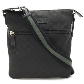 【バッグ】GUCCI グッチ GGナイロン ショルダーバッグ 斜め掛け マチなし レザー 黒 ブラック グレー シルバー金具 509639 【中古】