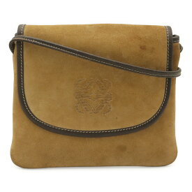 LOEWE ロエベ ヴィンテージ アナグラム ショルダーバッグ ポシェット 斜め掛け スエード レザー ライトカーキ系 ダークブラウン ゴールド金具 【中古】