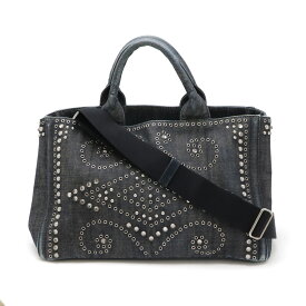PRADA プラダ CANAPA カナパ トートバッグ 2WAY ショルダーバッグ デニム ビジュー スタッズ BLEU インディゴ 国内ブティック購入品 BN2642 【中古】