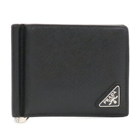 PRADA プラダ トライアングルロゴ 2つ折札入れ 二つ折り財布 マネークリップ式 ビルクリップ レザー NERO 黒 ブラック シルバー金具 2MN077 【中古】