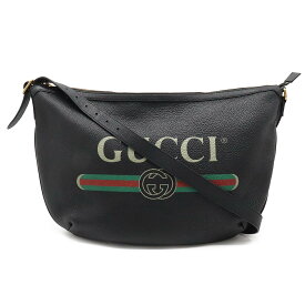 【バッグ】GUCCI グッチ グッチプリント ハーフムーン ホーボー ショルダーバッグ 斜め掛け レザー ブラック 黒 ゴールド金具 523588 【中古】