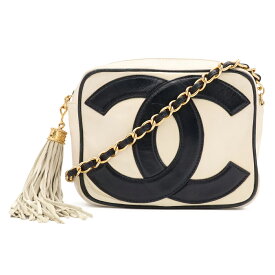 CHANEL シャネル ココマーク チェーンバッグ ショルダーバッグ ポシェット タッセル フリンジ レザー アイボリー 白 ブラック 黒 ゴールド金具 【中古】