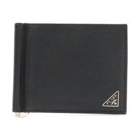 PRADA プラダ トライアングルロゴ 2つ折札入れ 二つ折り財布 マネークリップ式 ビルクリップ レザー NERO 黒 ブラック シルバー金具 2MN077 【中古】