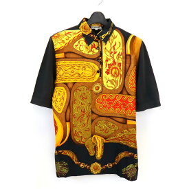 HERMES エルメス スカーフ切替プルオーバーニットシャツ ポロシャツ 半袖ブラウス 半袖シャツ シルク100% イエロー 黄色 ブラック 黒 #L Lサイズ 【中古】