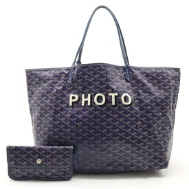 【バッグ】GOYARD ゴヤール サンルイGM PHOTO ロゴ トートバッグ ショルダーバッグ ポーチ付 コーティングキャンバス レザー 紺 ネイビー ホワイト 【中古】