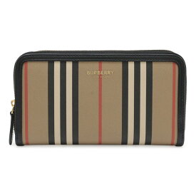 BURBERRY バーバリー エルモア ストライプ ラウンドファスナー 長財布 PVC レザー ベージュ ブラック レッド ゴールド金具 8027427 【中古】