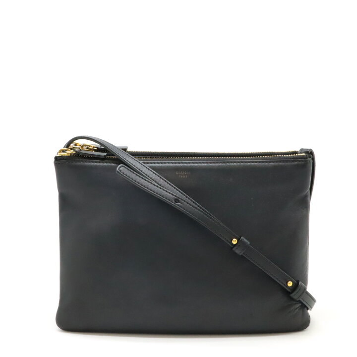 中古 セリーヌ CELINE ショルダーバッグ トリオ ラージ 黒 レザー TRIO  