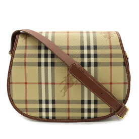 【バッグ】BURBERRY バーバリー ノバチェック チェック柄 ショルダーバッグ 斜め掛け PVC レザー ベージュ ブラウン 茶 レッド ゴールド金具 【中古】