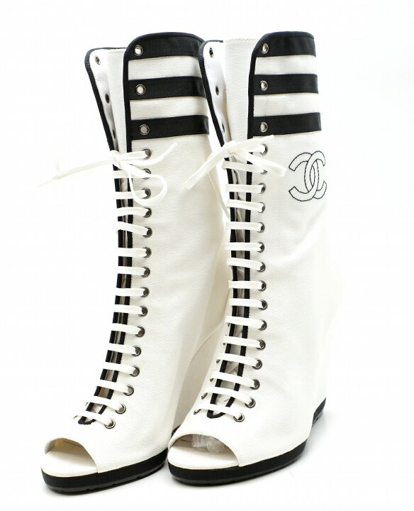 楽天市場】【靴】CHANEL シャネル オープントゥブーツ レースアップ  