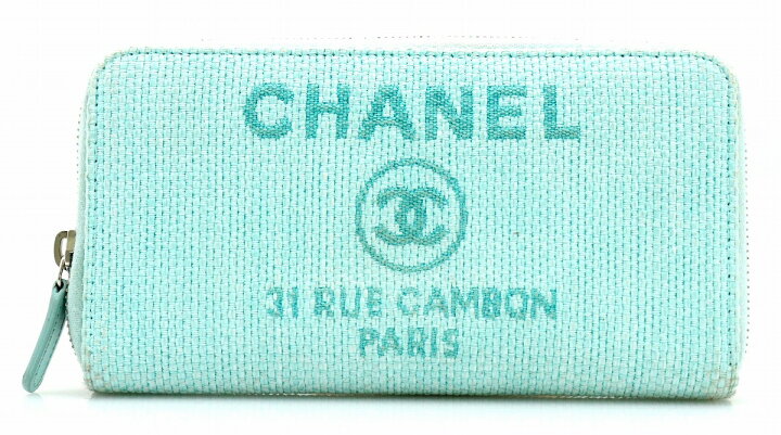 財布 CHANEL シャネル ドーヴィルライン ラウンドファスナー 長財布 ストロー レザー エメラルドグリーン A80056 中古 u Blumin 店