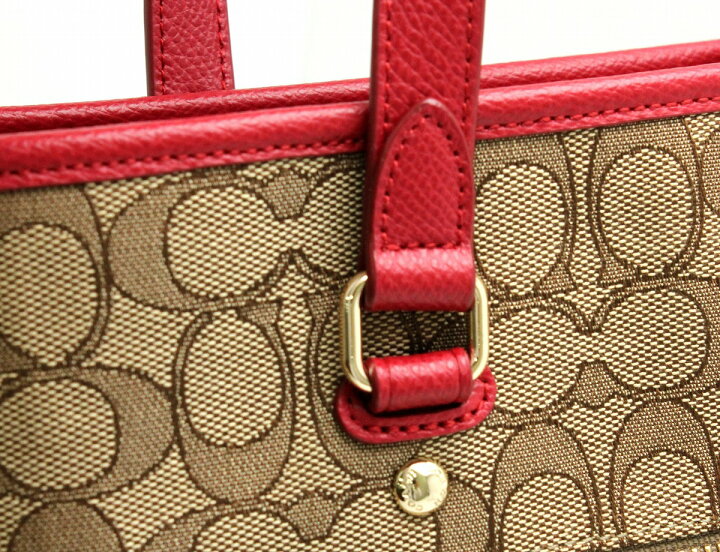 COACH シグネチャー ハンドバッグ レッド 2室 キャンバス レザー 赤 