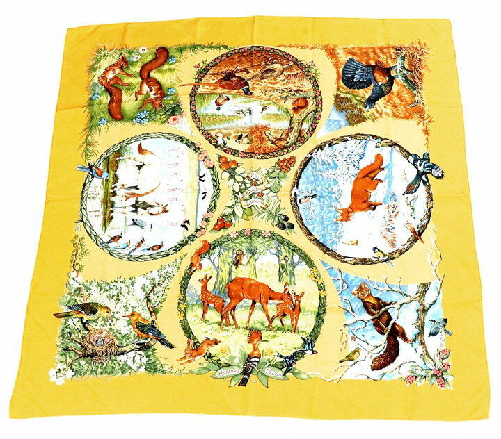 中古】HERMES(エルメス) カレ90 スカーフ LES BECANES アイボリー  