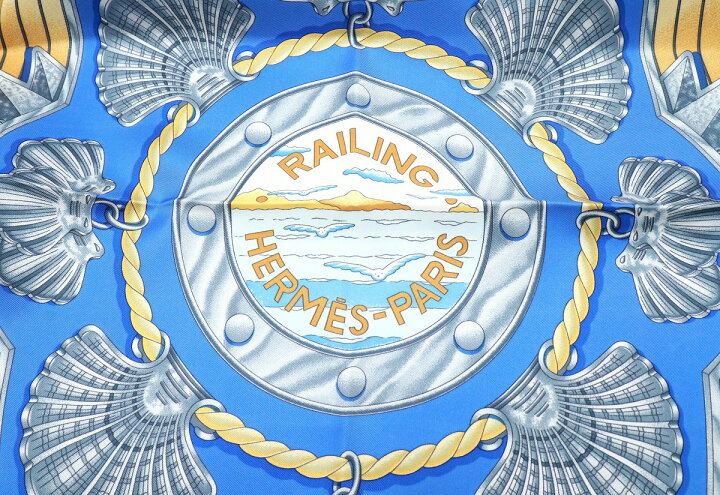 エルメス カレ90 RAILING 船の手摺 スカーフ シルク ネイビー  