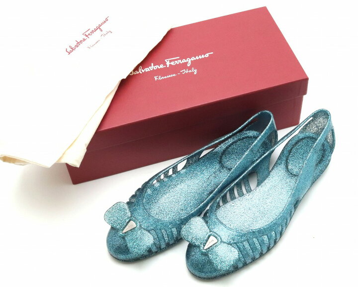 フェラガモリボンサンダルFerragamoブルーアンクレット