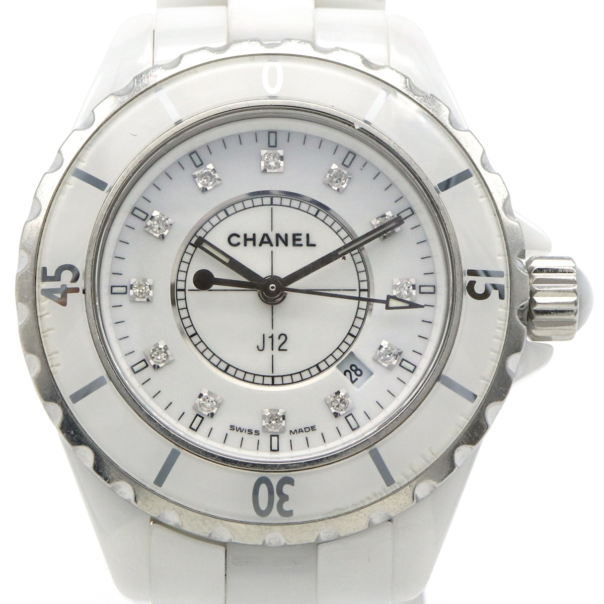 【ウォッチ】CHANEL シャネル J12 ホワイト セラミック 白 12Pダイヤ 33mm デイト レディース QZ クォーツ 腕時計 H1628  【中古】 | Blumin 楽天市場店