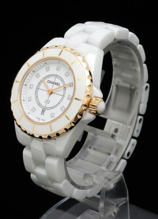 楽天市場 ウォッチ Chanel シャネル J12 ホワイト セラミック Pg ピンクゴールド 12pダイヤ 白 12pダイヤ 33mm デイト レディース Qz クォーツ 腕時計 H2181 中古 Blumin 楽天市場店