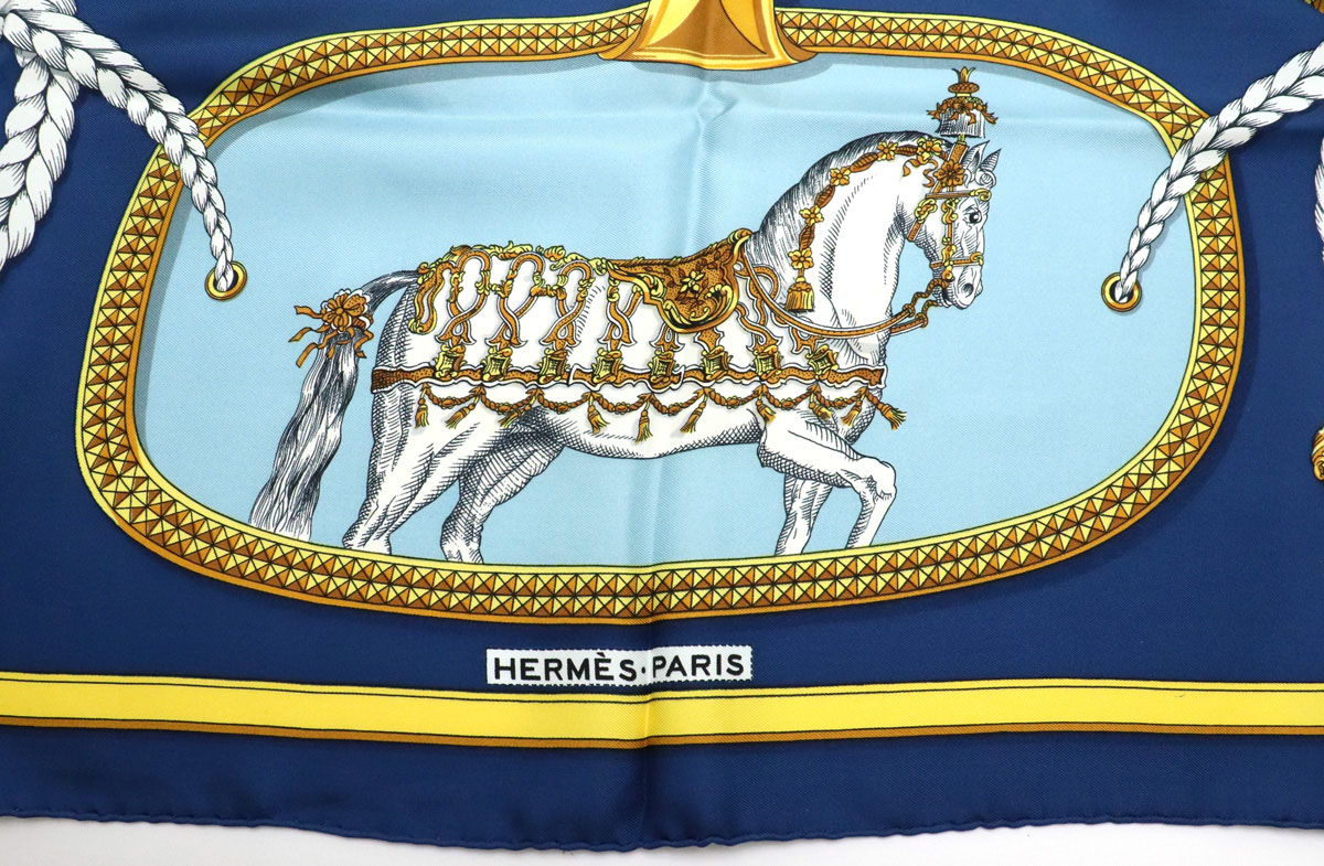 エルメス カレ90 スカーフ ショール ヴェール シルク 盛装の馬 茶 ストール