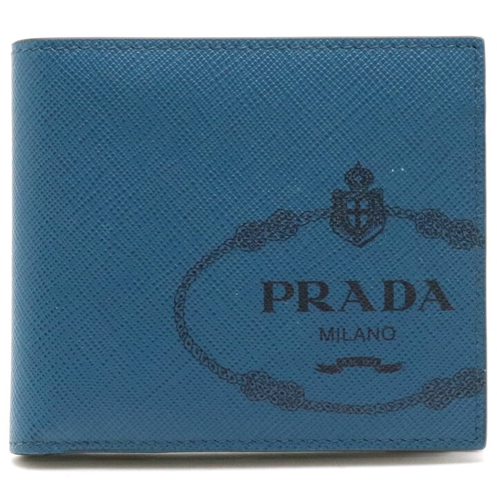 極美品✨プラダ サフィアーノレザー メタルロゴ 二つ折り財布 BLUETTE  