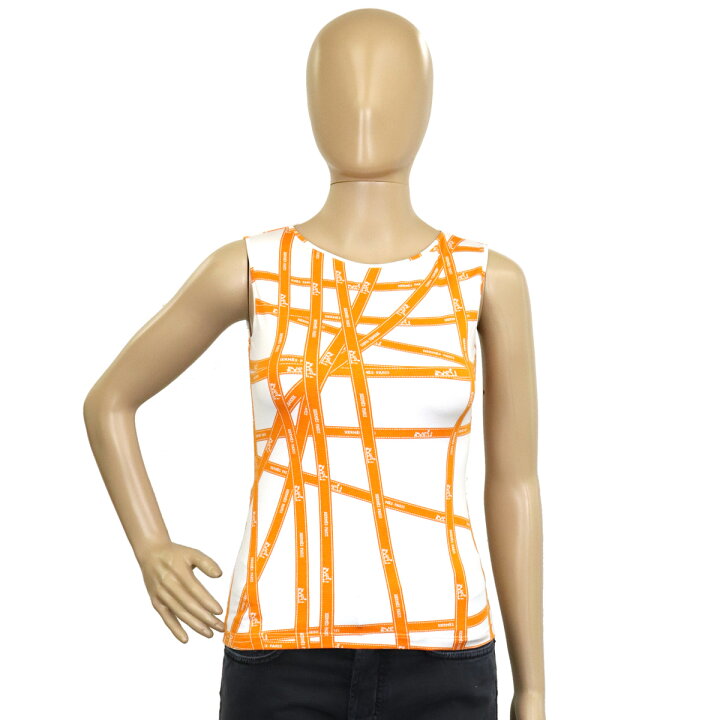 楽天市場 アパレル Hermes エルメス ボルデュック ノースリーブ トップス リボン柄 ビスコース93 エラスタン7 オレンジ ホワイト 白 Xsサイズ 中古 Blumin 楽天市場店