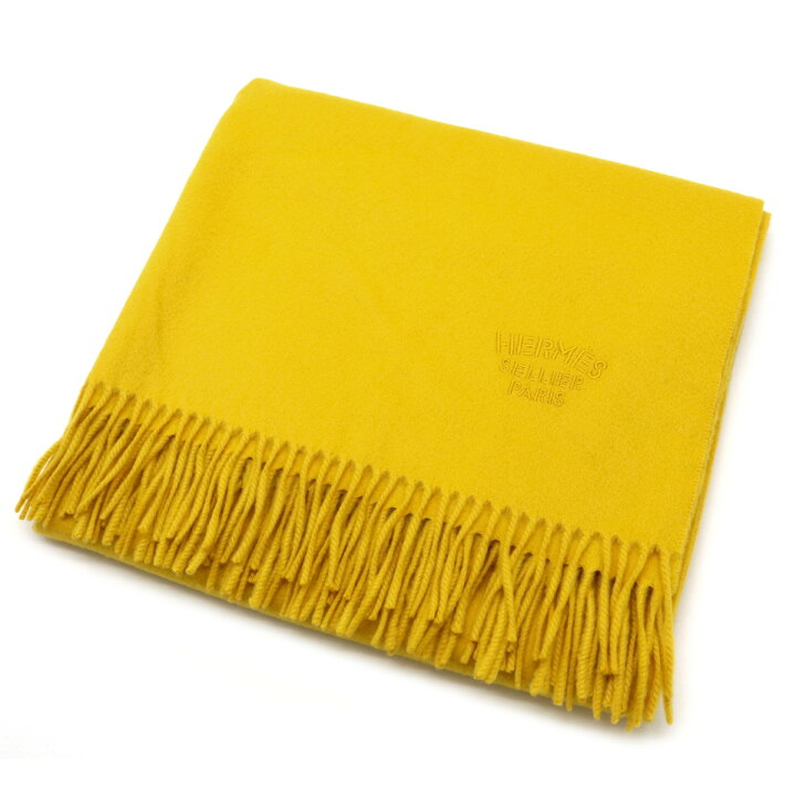 新品同様 エルメス ロゴ刺繡 カシミヤ イエロー マフラー 黄 0452  