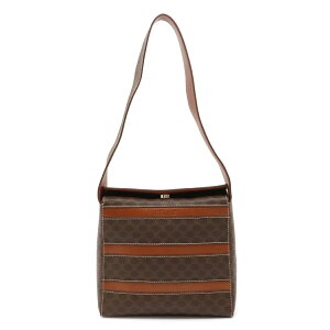 【バッグ】CELINE セリーヌ マカダム柄 ショルダーバッグ セミショルダー ワンショルダー 肩掛け ボーダー PVC レザー 茶 ダークブラウン ブラウン 【中古】