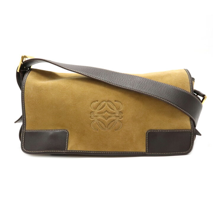 ロエベ スエードショルダーバッグ ダークブラウン レザー アナグラム  