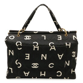 CHANEL シャネル ロゴ プリント トートバッグ ビッグトート キャンバス キルティング ブラック 黒 アイボリー 白 ゴールド金具 【中古】