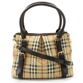 【バッグ】BURBERRY バーバリー ノバチェック柄 トートバッグ 2WAY ショルダーバッグ PVC レザー ベージュ ダークブラウン 茶 ゴールド金具 【中古】