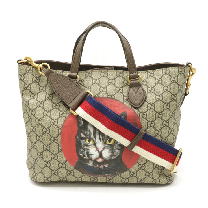 楽天市場 バッグ Gucci グッチ Ggスプリーム ミスティックキャット ネコ 猫 トートバッグ 2way ショルダーバッグ カーキベージュ ブラウン レッド 4737 中古 ブルーミン 森田質店