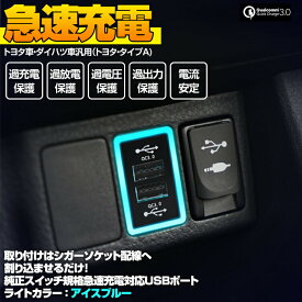 Quick Charge3.0対応 USB 2ポート 純正スイッチカバー交換型 トヨタ タイプA ダイハツ車 トヨタ車 アイスブルー ブルー LED