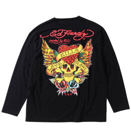 大きいサイズ メンズ Ed Hardy 天竺プリント 長袖 Tシャツ ブラック 1278-3335-2 3L 4L 5L 6L