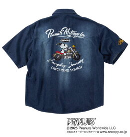 大きいサイズ メンズ FLAGSTAFF×PEANUTS スヌーピーコラボ 半袖 デニム シャツ ネイビー 1277-5206-1 3L 4L 5L 6L 8L