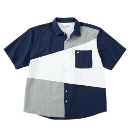 大きいサイズ メンズ H by FIGER CVCオックス斜め切替 半袖 シャツ ネイビー 1267-5201-2 3L 4L 5L 6L 8L