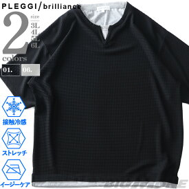 大きいサイズ メンズ PLEGGI プレッジ ナイロン混 バイアス柄 キーネック 半袖 Tシャツ 接触冷感 ストレッチ イージーケア 春夏新作 65-45116-2a