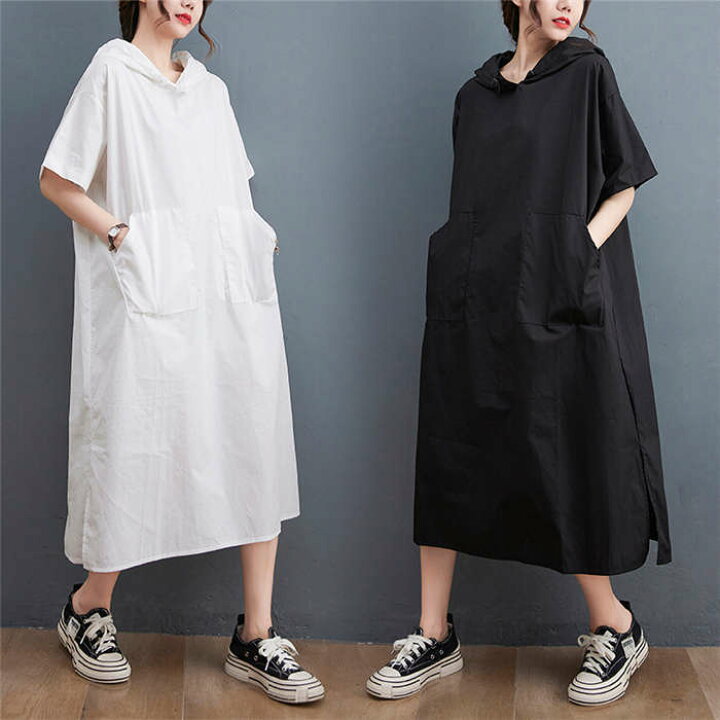 楽天市場 ワンピース パーカーワンピース 半袖 夏 レディース ロングワンピース フード付き パーカー カジュアル スリット Tシャツワンピース フード スエット スウェット トレーナー カジュアル ミディアム ロング ビッグシルエット 大きいサイズ ゆったり 体型カバー