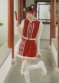 [送料無料] 裏起毛 ベスト スカート チャイナ服 SET 地雷系 参戦服 原宿系 ゆめかわいい bobon21 ボボンニジュウイチ TB2203