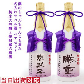 喜寿 祝い 日本酒 梅酒 720ml×2本セット 名入れ 『紫のちゃんちゃんこを着た 名入れラベル酒』 ＜純米大吟醸とすっきり梅酒のセット＞ 【白ボトル お酒 喜寿祝い プレゼント 父 男性 77歳 誕生日 卒寿 90歳 贈り物 ギフト 祖母 祖父 ちゃんちゃんこ酒 ペアボトル お祝い】