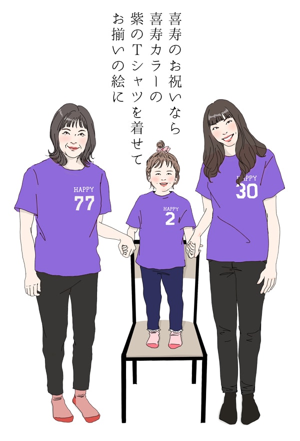 楽天市場】喜寿 祝い プレゼント 新スタイルの似顔絵 紫の喜寿Tシャツ ...